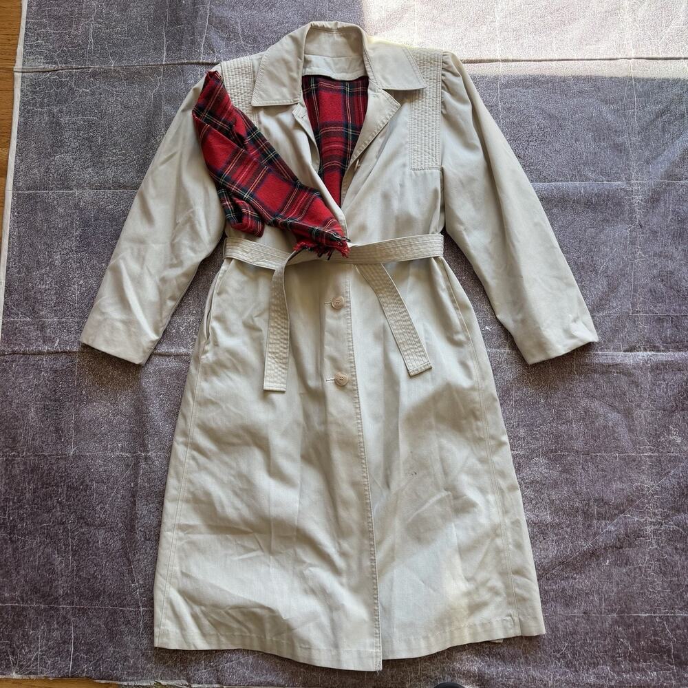 Women's Vintage 70's Degrees Ivory White Flannel Lined Trench Coat Jacket Sz L